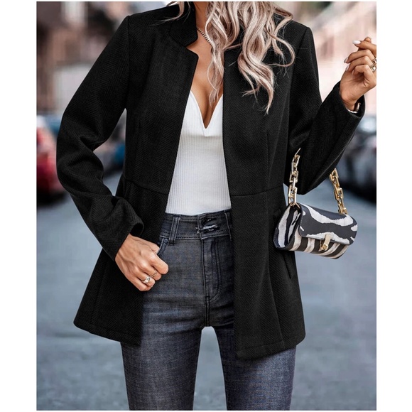Classic Black Herringbone Blazer Jacket Coat - Picture 4 of 5